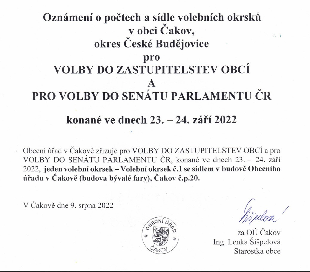Oznámení o počtech a sídle volebních okrsků pro volby do zastupitelstev obcí a do Senátu Parlamentu ČR
