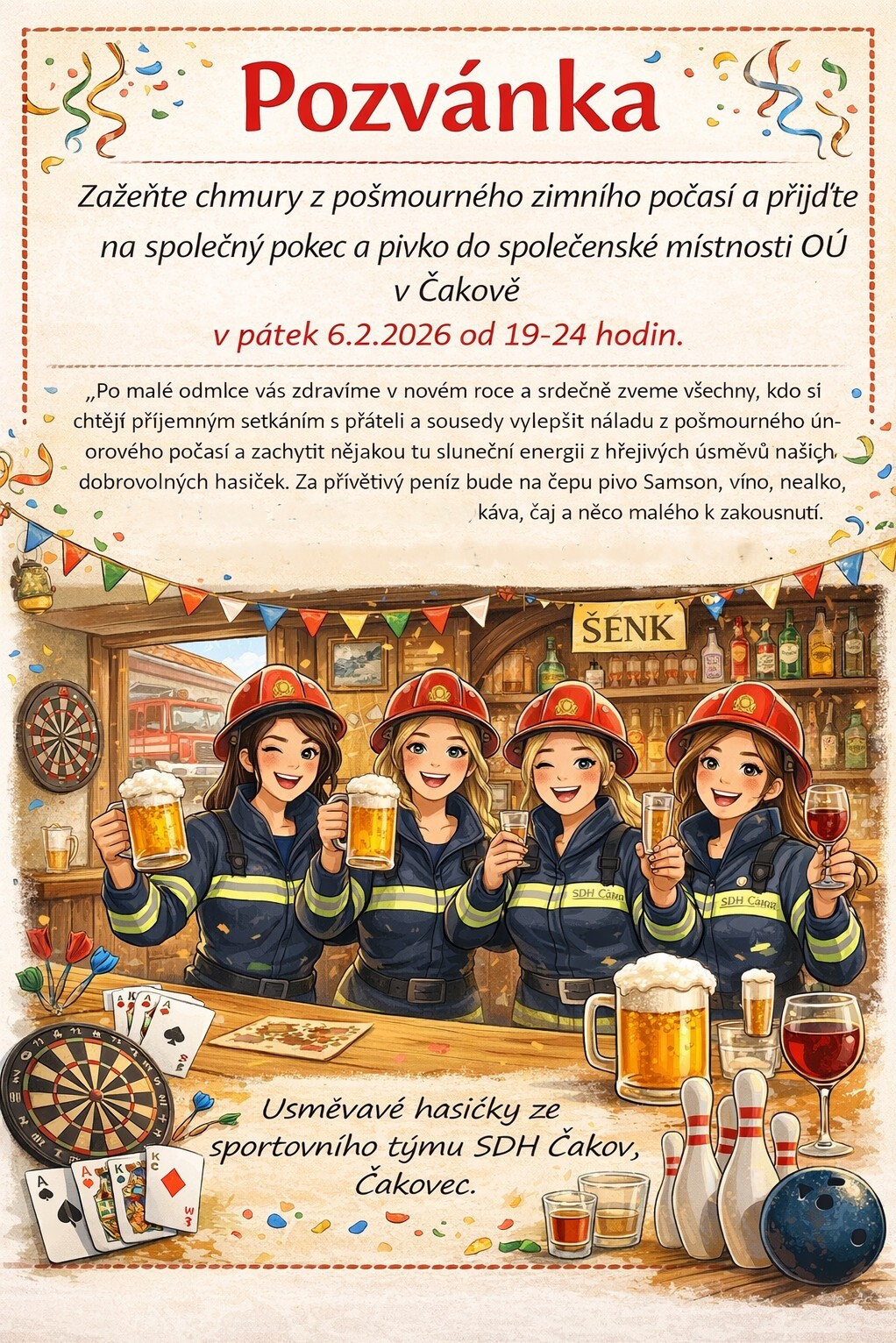 Přátelské posezení ve společenské místnosti OÚ v Čakově pod taktovkou dobrovolných hasiček