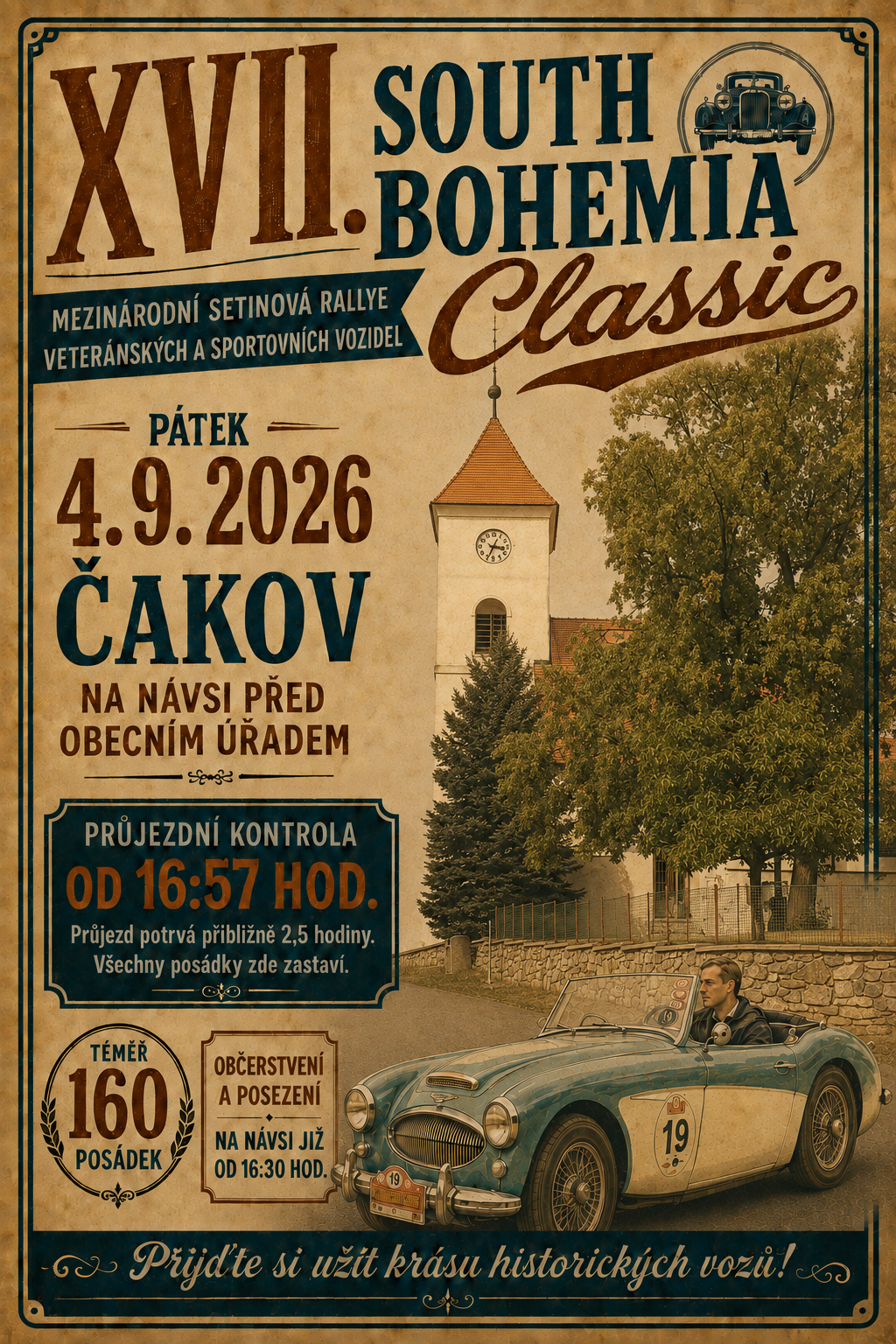 Automobiloví veteráni v Čakově na návsi - průjezdní kontrola South Bohemia Classic Rallye