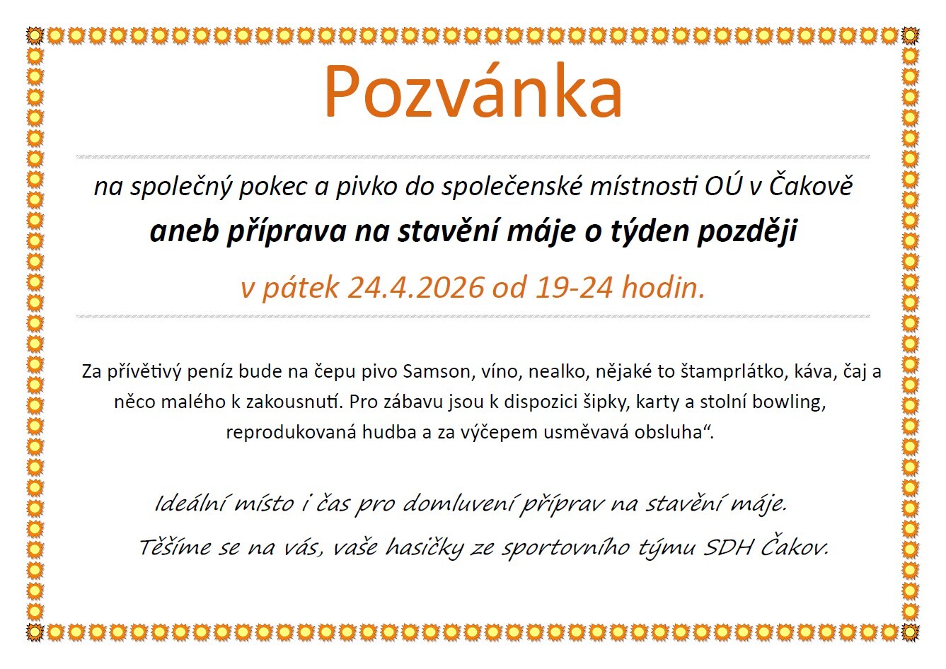 Přátelské posezení ve společenské místnosti OÚ v Čakově pod taktovkou dobrovolných hasiček