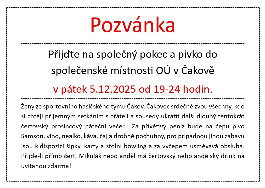 Přátelské posezení ve společenské místnosti OÚ v Čakově pod taktovkou dobrovolných hasiček