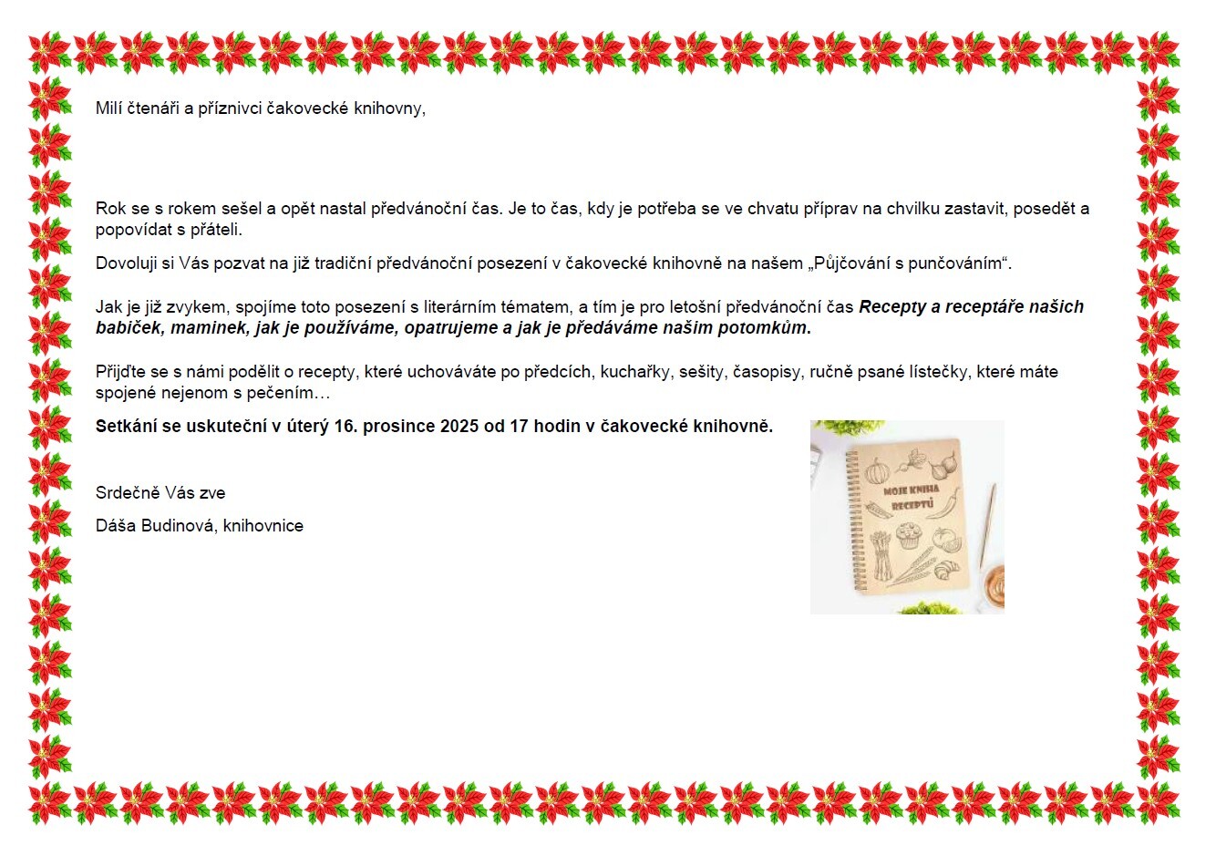 Pozvání na malé předvánoční posezení v knihovně v Čakovci